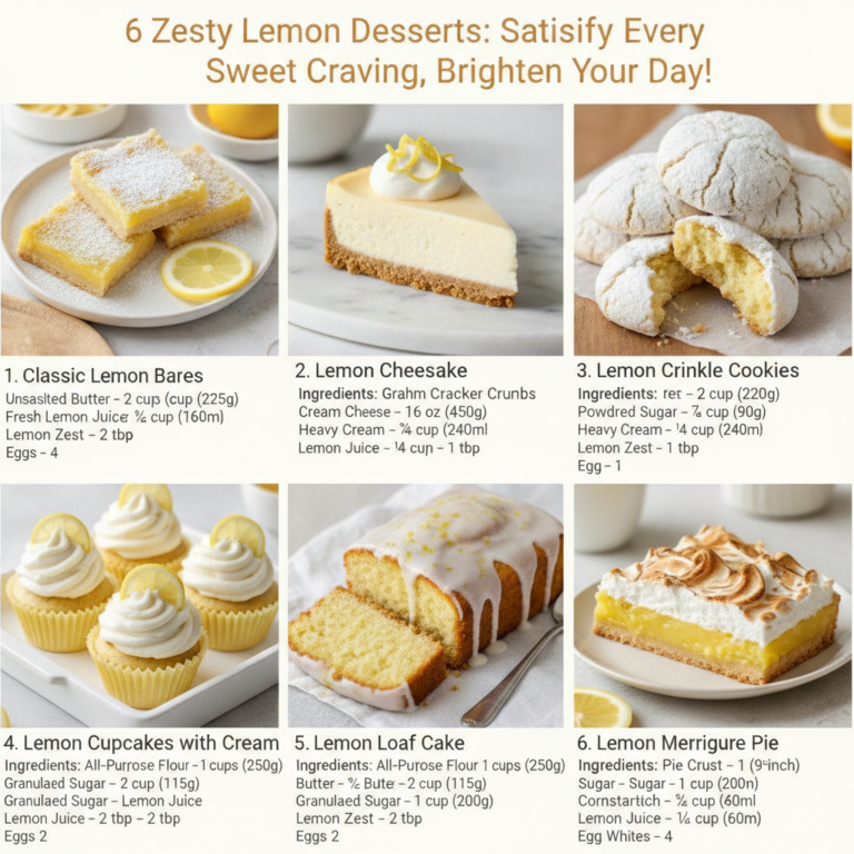 A bright and appealing grid collage showcasing six distinct lemon desserts The composition is clean and organized with e