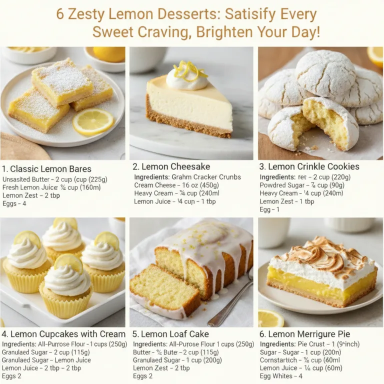 A bright and appealing grid collage showcasing six distinct lemon desserts The composition is clean and organized with e