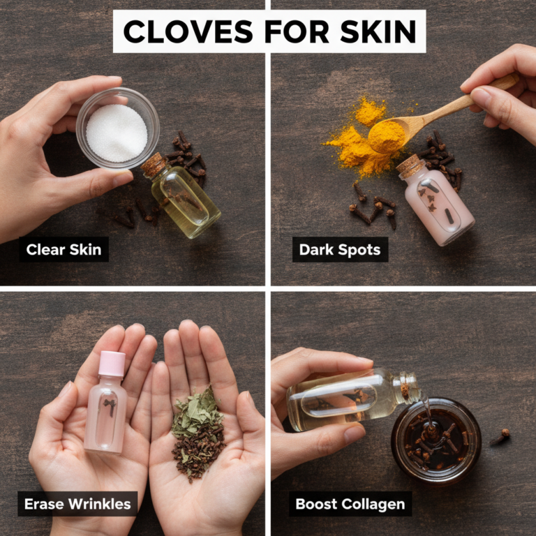 A four-panel grid showing hands preparing DIY clove remedies for clear skin clove oil sugar dark spots clove oil turmeri
