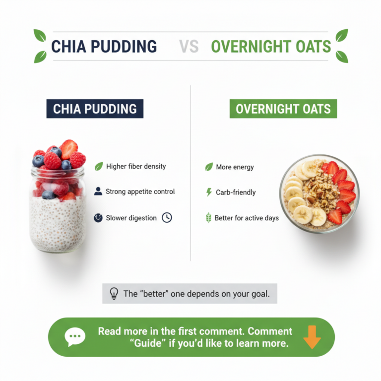 An infographic comparing Chia Pudding and Overnight Oats with sections for each showing images of both dishes topped wit