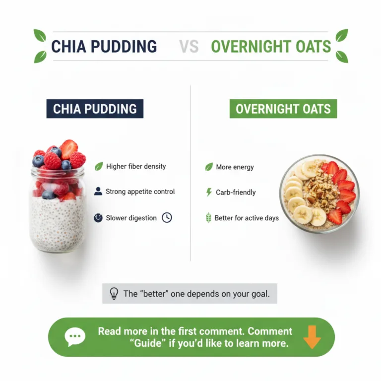 An infographic comparing Chia Pudding and Overnight Oats with sections for each showing images of both dishes topped wit