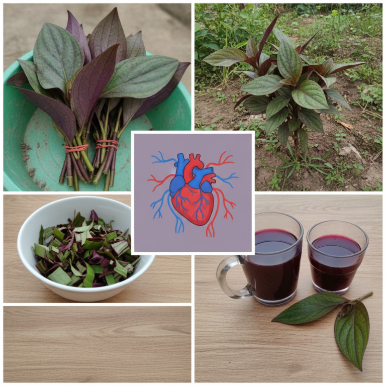 A collage showing oyster plant leaves chopped leaves a growing plant and two cups of reddish-purple infusion with a huma