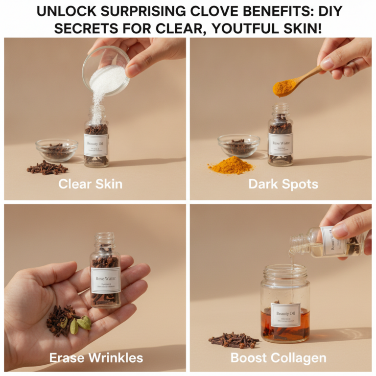 A four-panel grid showing hands preparing DIY skincare recipes with cloves rose water sugar turmeric and cardamom in sma