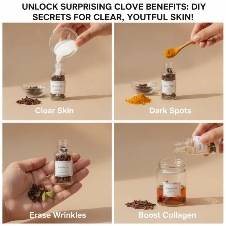 A four-panel grid showing hands preparing DIY skincare recipes with cloves rose water sugar turmeric and cardamom in sma