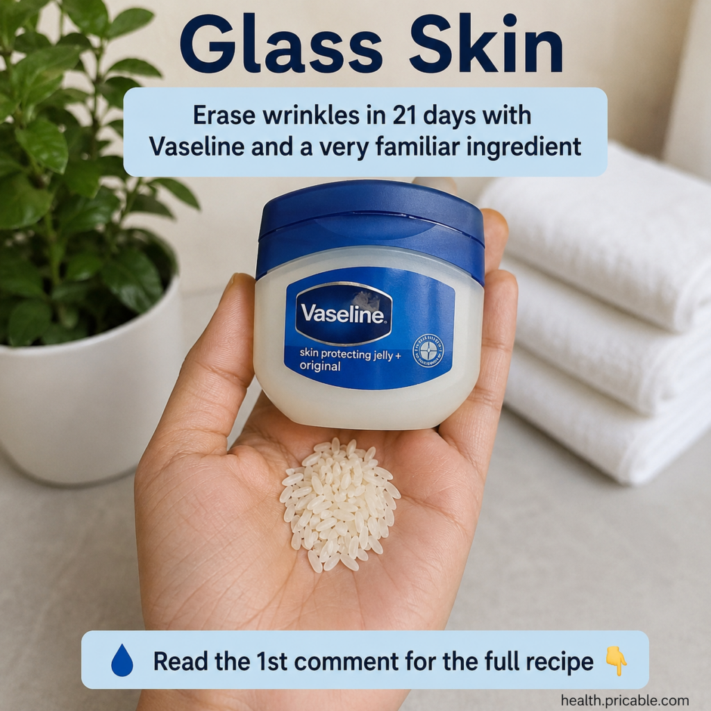 A hand holding a small jar of Vaseline and a pile of white rice set against a soft blurred background of a bathroom or v