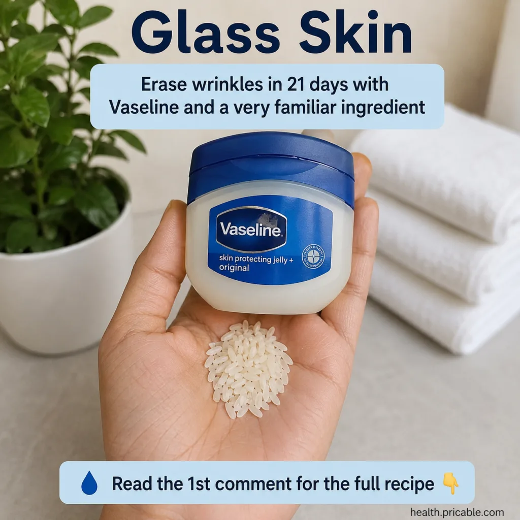 A hand holding a small jar of Vaseline and a pile of white rice set against a soft blurred background of a bathroom or v