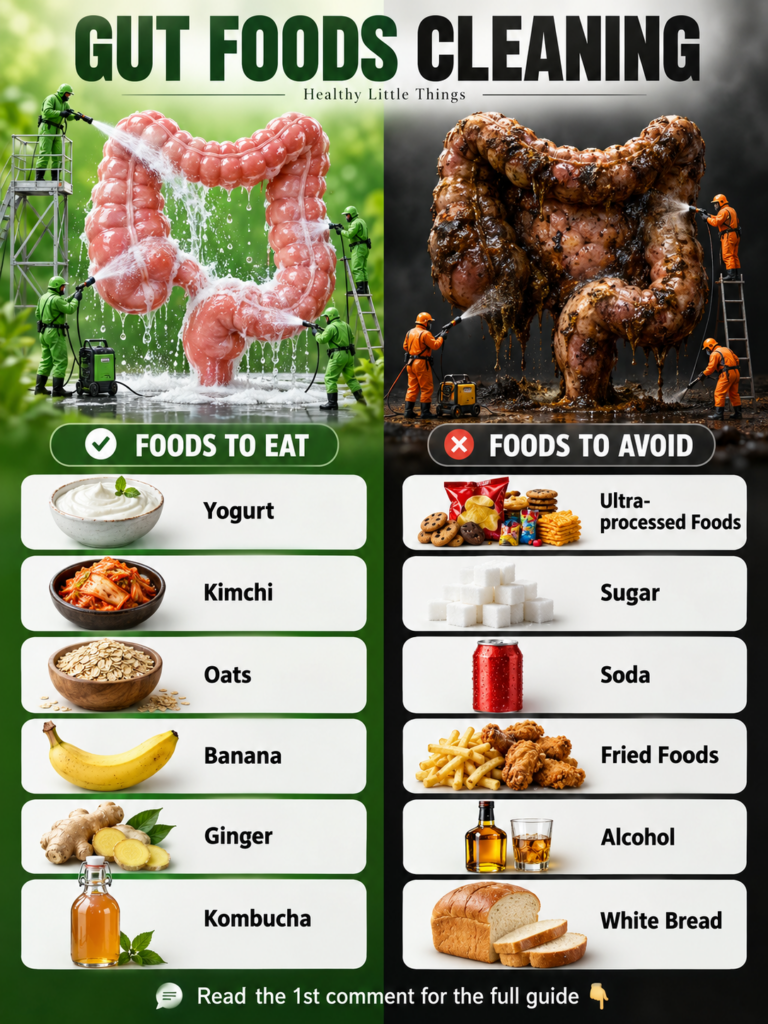 An infographic visually depicting Foods to Eat for gut health on the left green clean intestine and Foods to Avoid on th