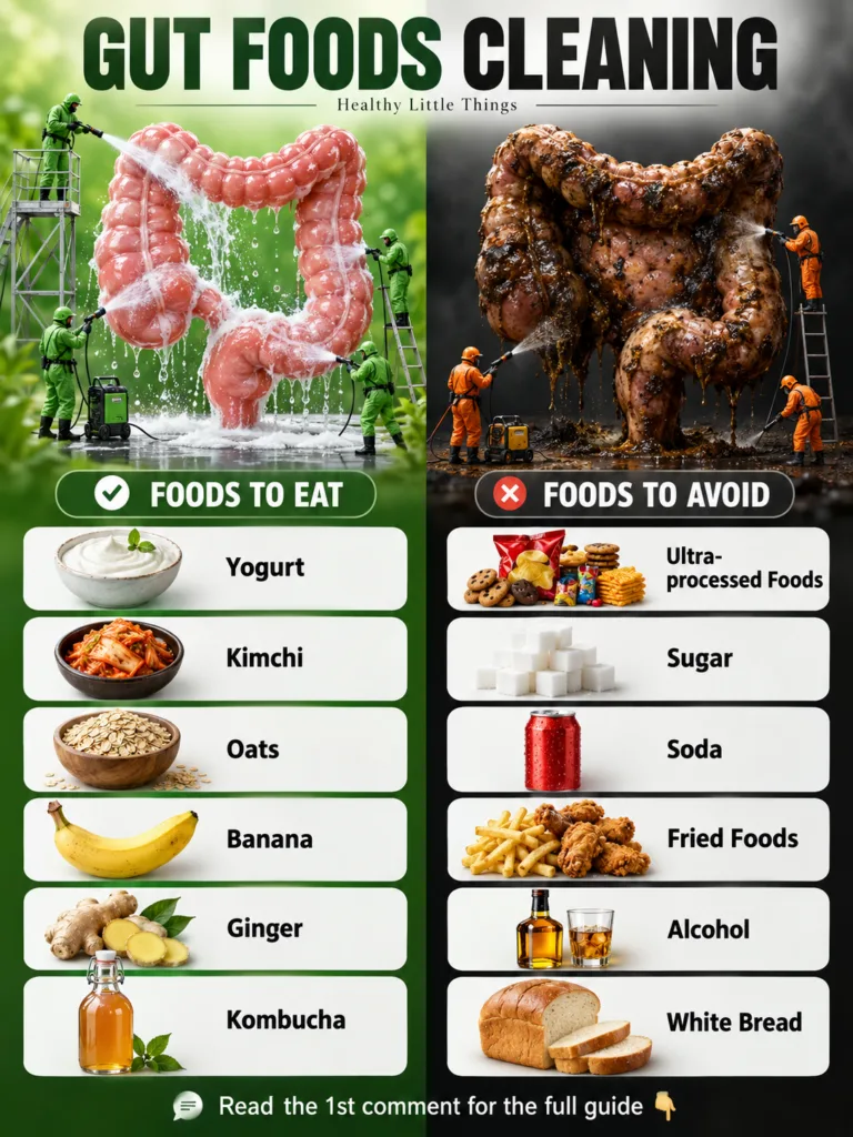 An infographic visually depicting Foods to Eat for gut health on the left green clean intestine and Foods to Avoid on th