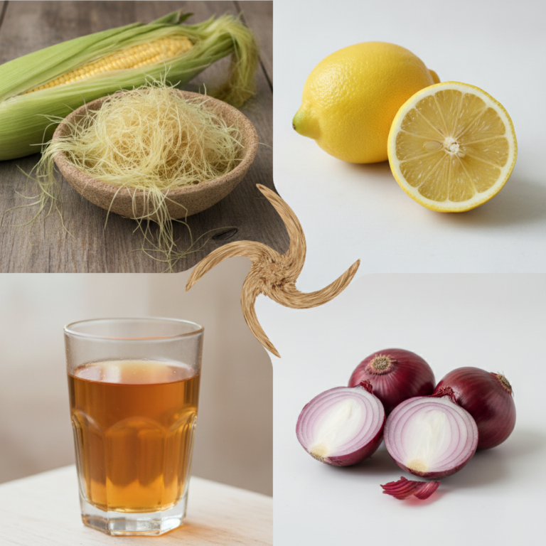 A four-panel collage showing fresh corn on the cob with corn silk a whole and halved lemon red onions some halved and a 