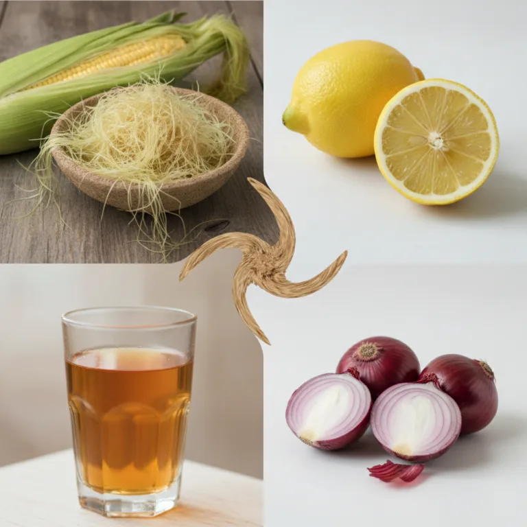 A four-panel collage showing fresh corn on the cob with corn silk a whole and halved lemon red onions some halved and a 