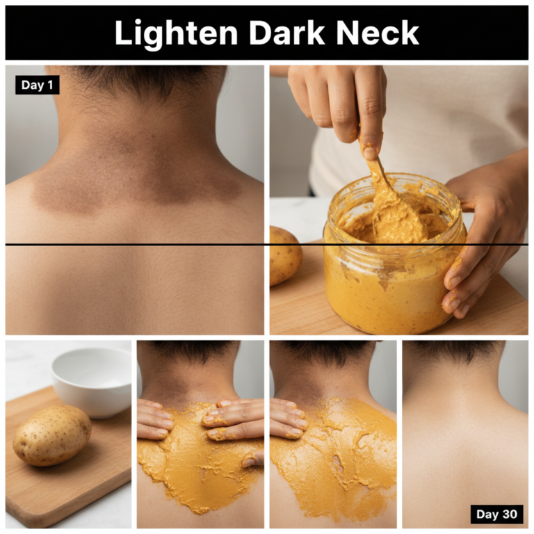 A multi-panel collage showing a before-and-after transformation of a dark neck over 30 days using a DIY potato-based pas
