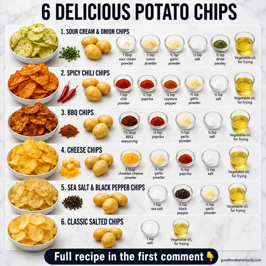 An overhead shot of six different homemade potato chip flavors arranged in a grid with individual bowls of chips raw pot