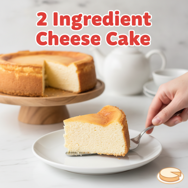 A whole golden-brown 2-ingredient cheesecake on a rustic wooden stand with a slice on a white plate in the foreground A 
