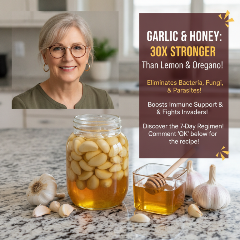 A composite image featuring a friendly middle-aged woman in a kitchen a glass jar filled with peeled garlic cloves subme