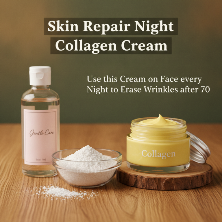 Flat lay of collagen powder baby oil in a clear bottle and a jar of homemade collagen cream on a wooden surface with a d