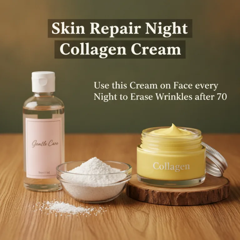 Flat lay of collagen powder baby oil in a clear bottle and a jar of homemade collagen cream on a wooden surface with a d
