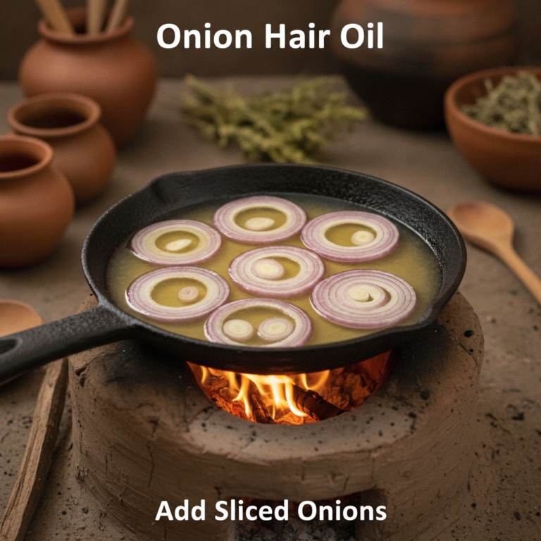 Close-up shot of sliced red onions simmering in yellowish oil in a black cast iron pan over a rustic earthen stove with
