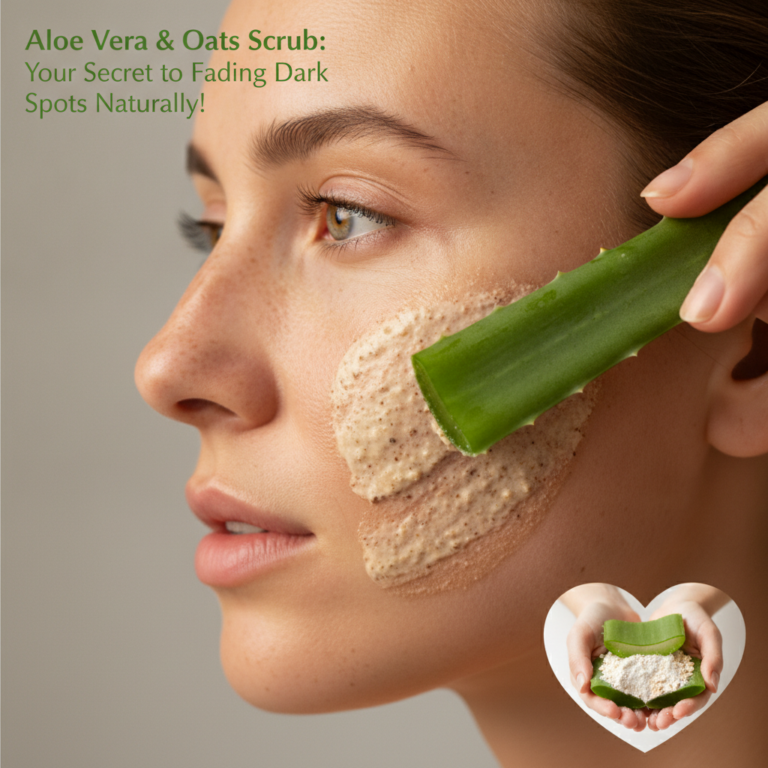 A woman applying an aloe vera and oats scrub to her cheek with a fresh aloe vera leaf emphasizing the natural ingredient