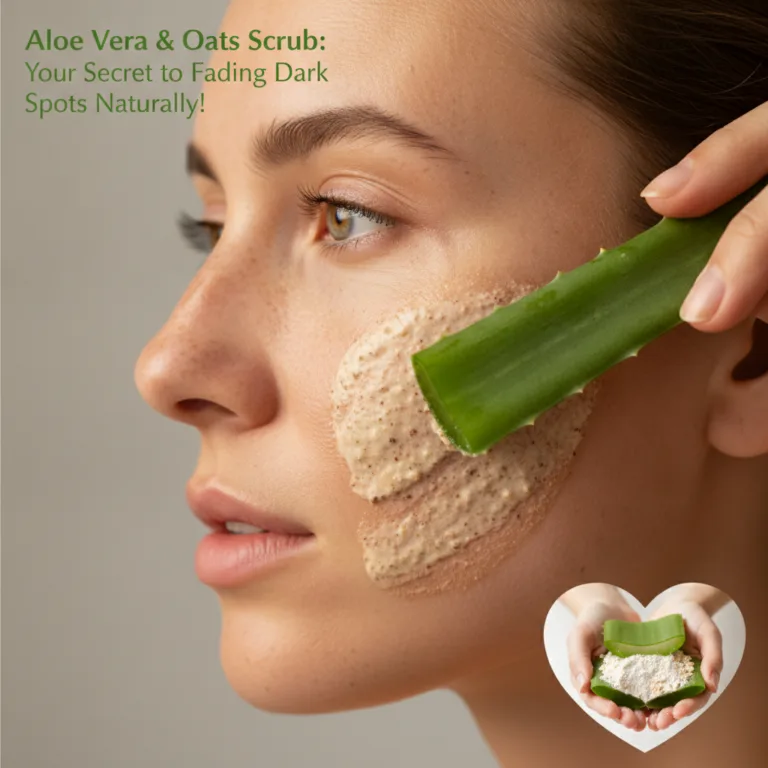 A woman applying an aloe vera and oats scrub to her cheek with a fresh aloe vera leaf emphasizing the natural ingredient