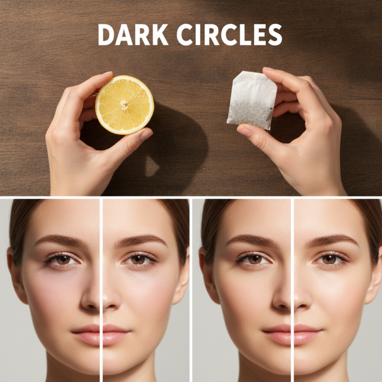 A vertical split image The top shows hands holding half a lemon and a tea bag on a dark wooden surface with DARK CIRCLES