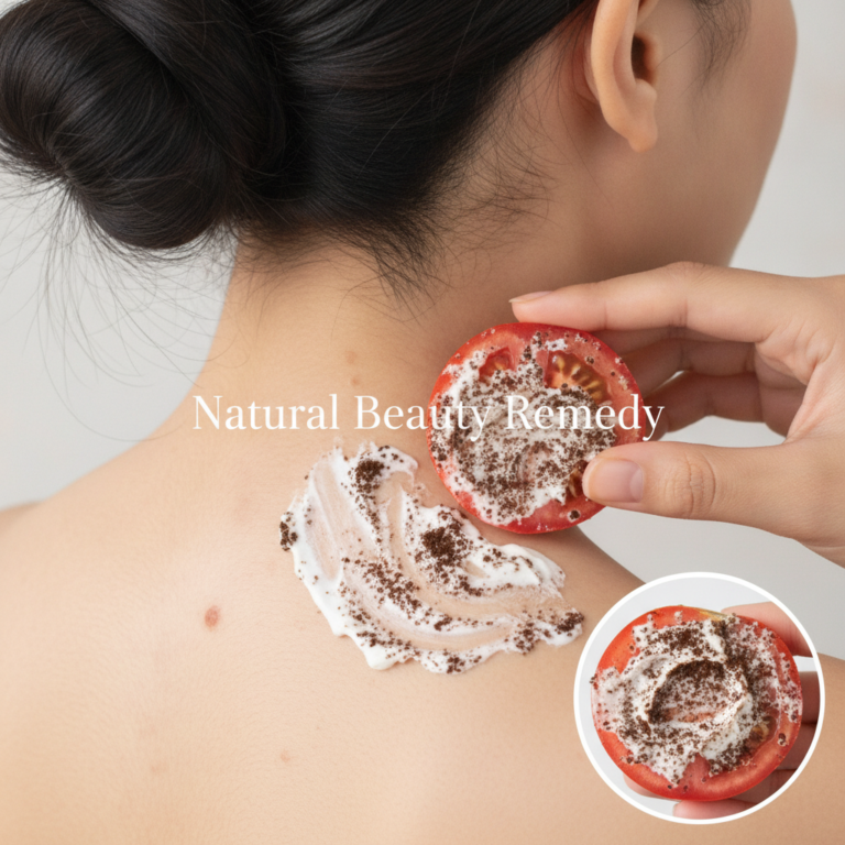 A hand applying a DIY scrub made with a halved tomato and coffee grounds to a woman s upper back or neck area The scrub 