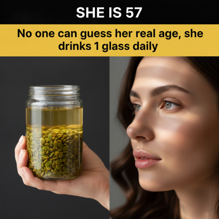 A split-screen image On the left a hand holds a glass jar with green pumpkin seeds submerged in a yellowish liquid On th