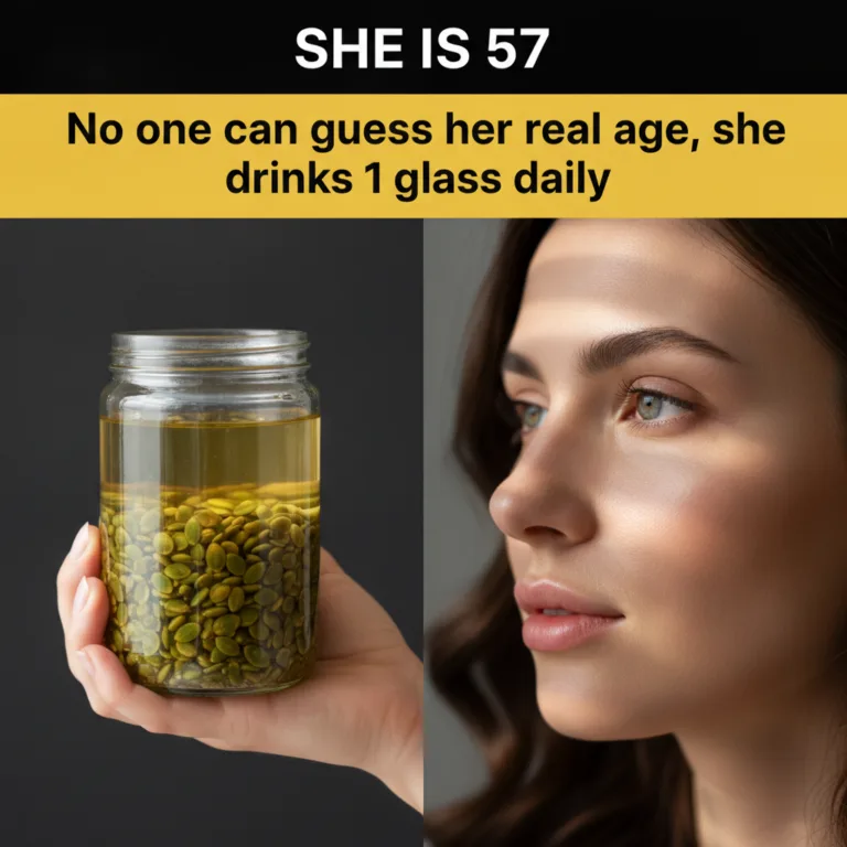 A split-screen image On the left a hand holds a glass jar with green pumpkin seeds submerged in a yellowish liquid On th