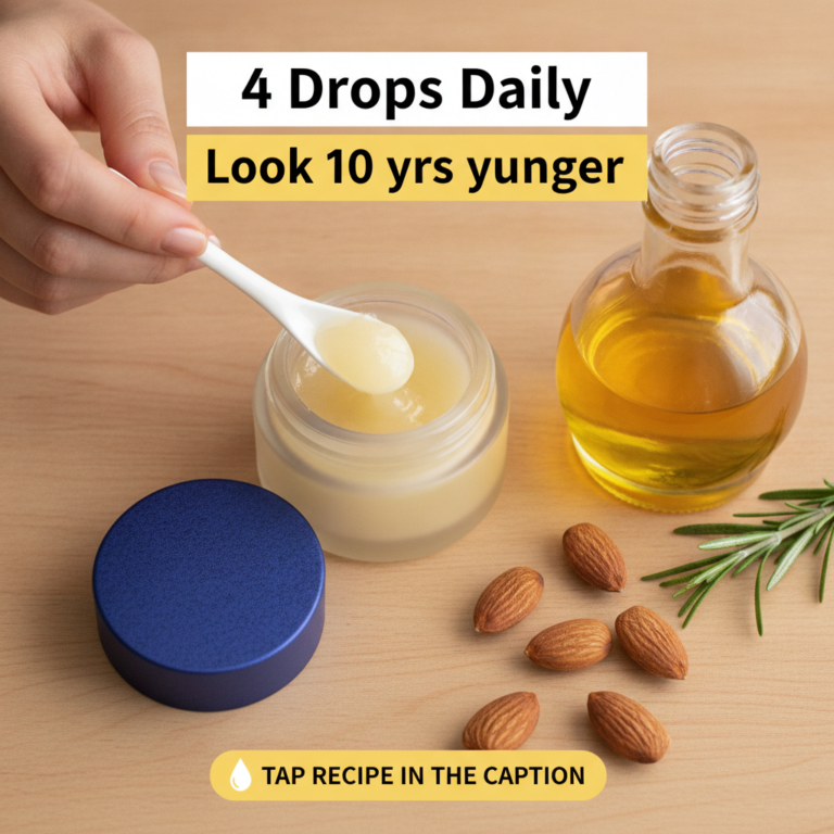 A flat lay showing a hand scooping a yellowish cream from a frosted glass jar with a white spoon Next to it a small glas