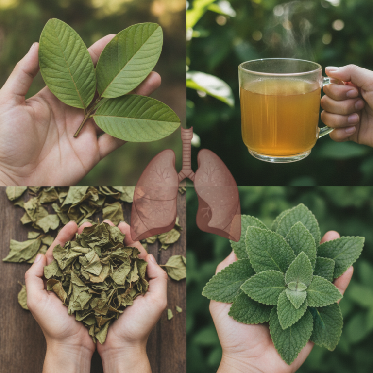 A four-panel collage featuring hands holding fresh guava leaves dried guava leaves and a steaming cup of guava leaf tea 