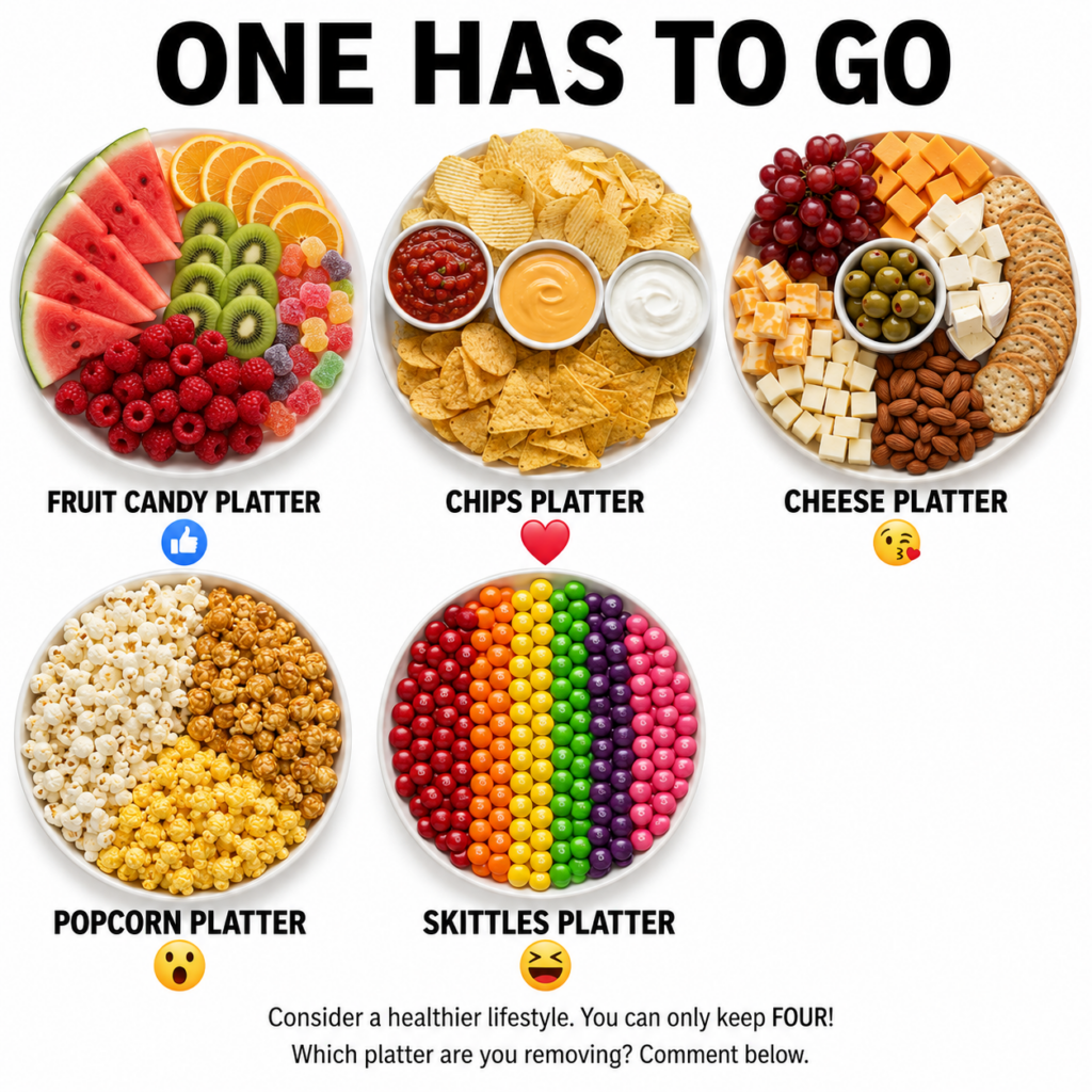 A top-down view of five snack platters Fruit Candy Chips Cheese Popcorn and Skittles Each platter is in a white circular