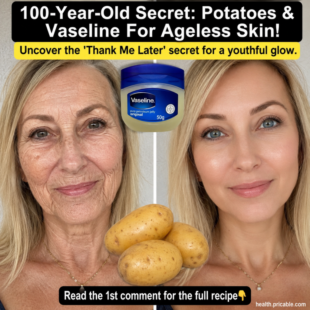Split-screen before and after comparison of a woman s face showing skin transformation with raw potatoes and a jar of Va