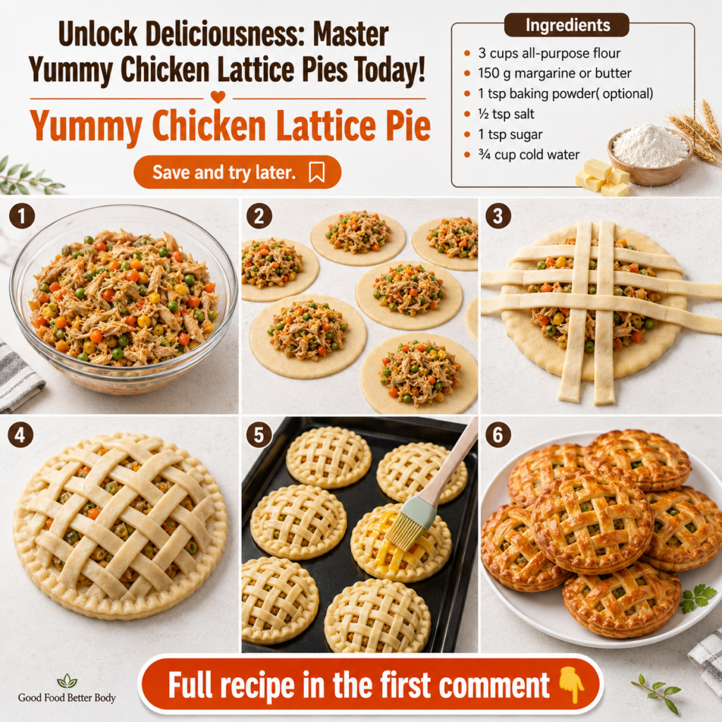 A stack of perfectly golden-brown baked Yummy Chicken Lattice Pies on a white plate showcasing their crispy lattice tops