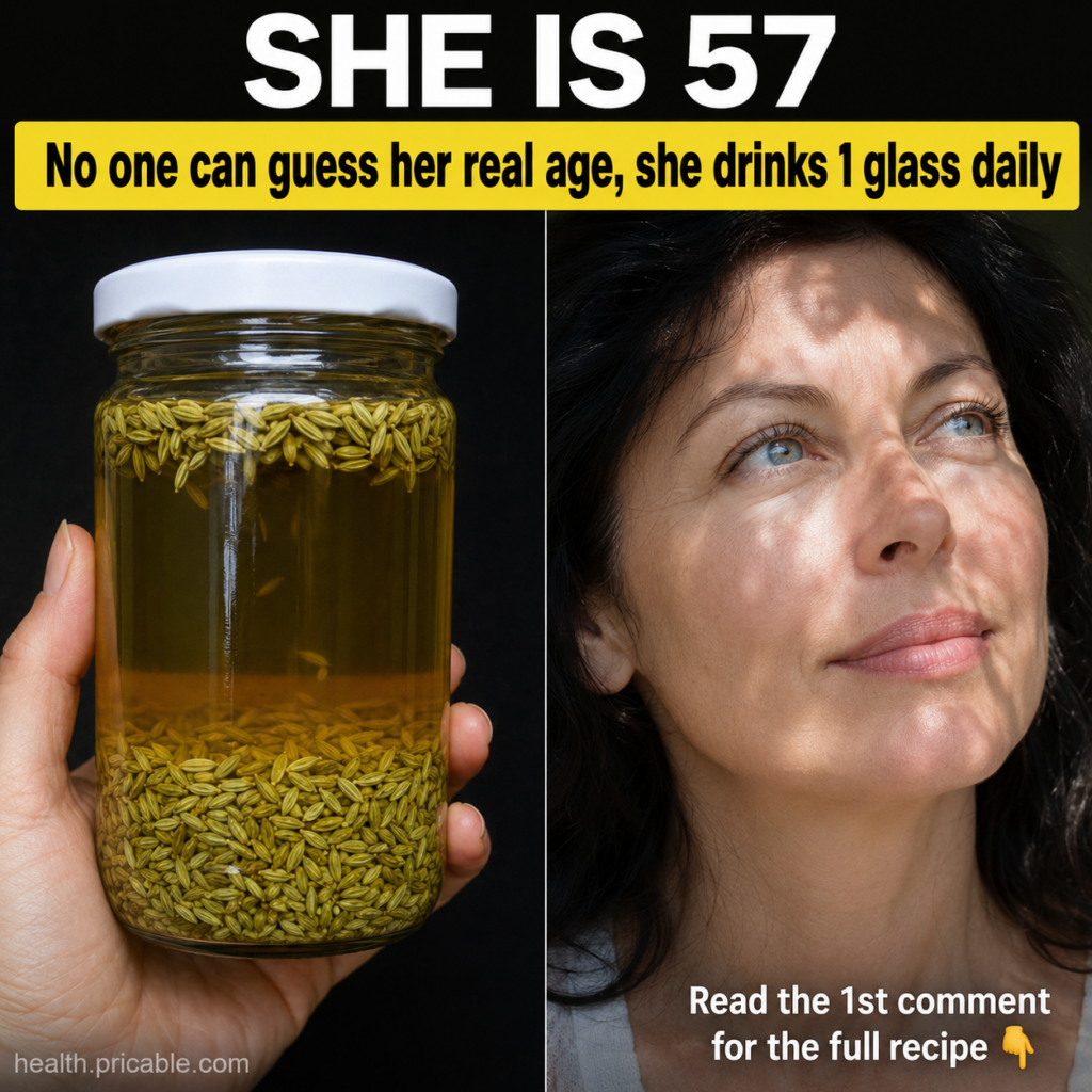 A hand holding a glass jar filled with yellow liquid and green fennel seeds with a serene woman s face showing clear ski