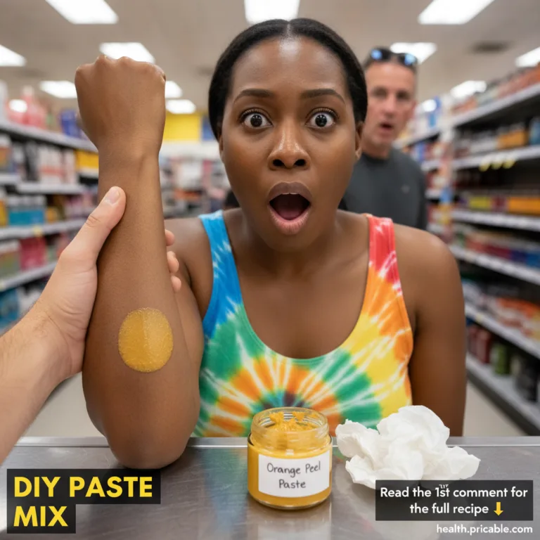 A woman with a surprised expression looking at a yellow-orange paste applied to her forearm Another person s hand holds