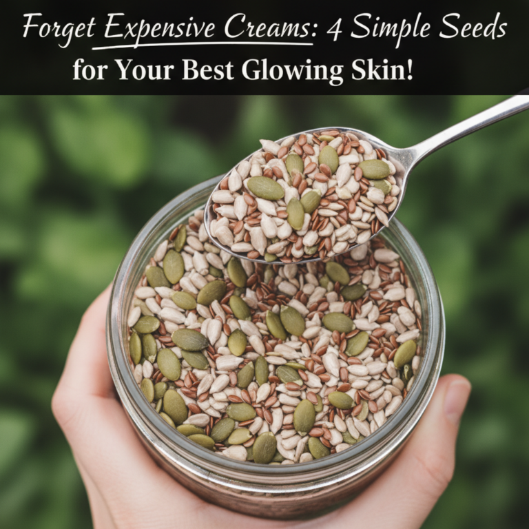 A close-up of a hand holding a glass jar filled with mixed seeds including pumpkin sunflower and flax seeds with a spoon