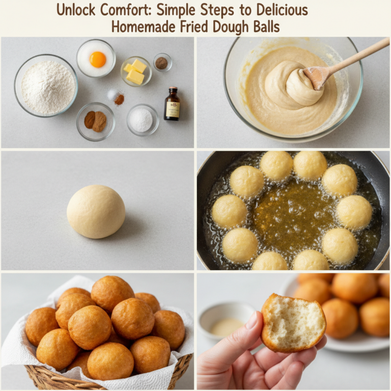 A six-panel collage showing the step-by-step process of making fried dough balls from raw ingredients to mixing kneading