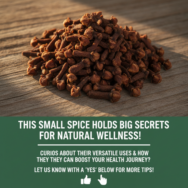 A close-up slightly overhead shot of a large pile of dried cloves resting on a rustic wooden surface with warm natural l