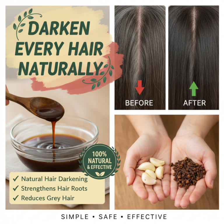 A collage promoting a natural hair darkening remedy It shows a BEFORE grey hair and AFTER darker hair comparison a close