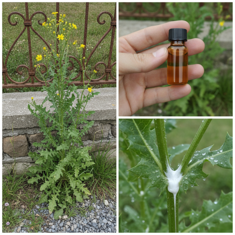 A vertical collage showing a common wild plant with serrated leaves and yellow flowers against a stone wall a human hand