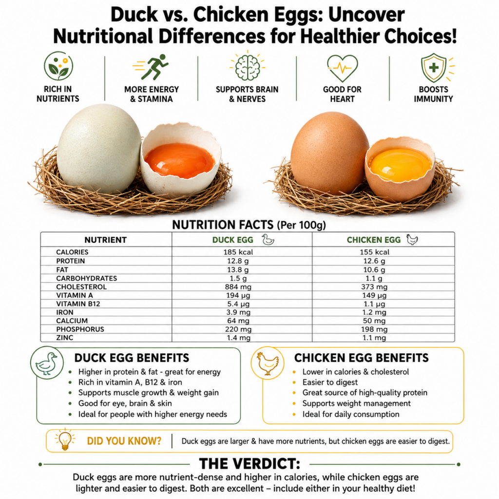 A side-by-side visual comparison of a whole duck egg and a cracked duck egg showing a vibrant orange yolk next to a whol