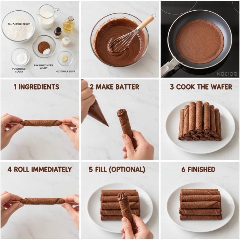 A 3x3 grid collage showing nine steps to make chocolate wafer rolls The collage progresses from ingredients batter makin