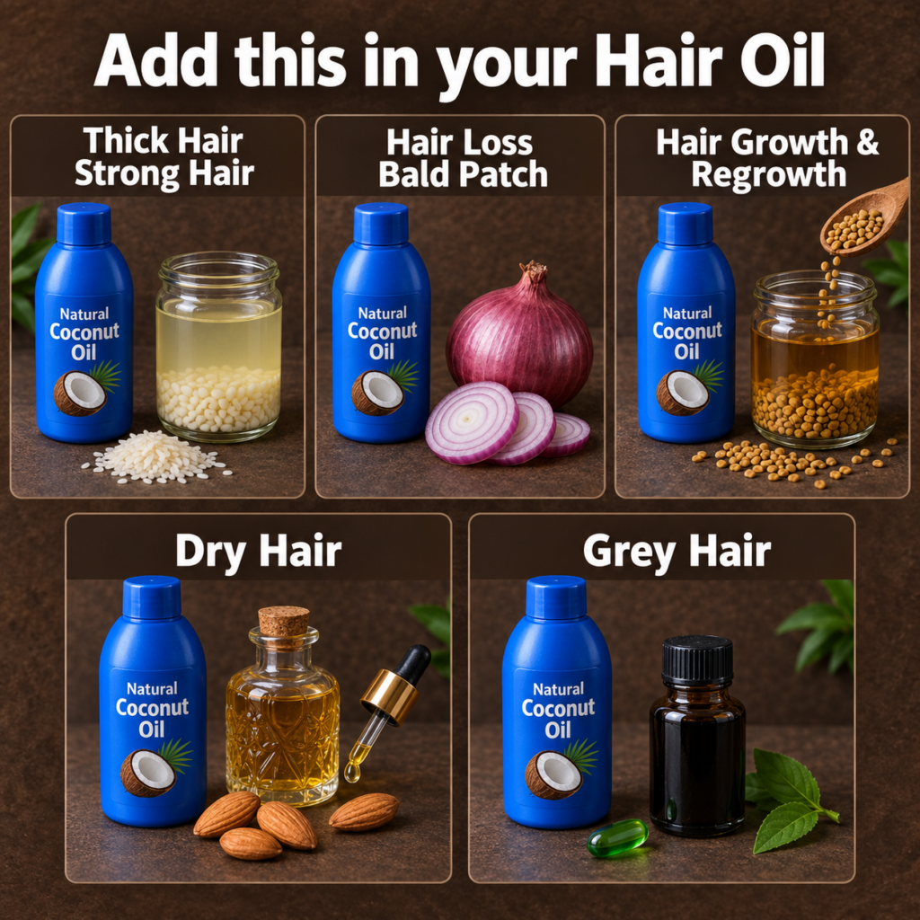 An infographic showing five DIY hair oil recipes using coconut oil and natural ingredients for different hair concerns o