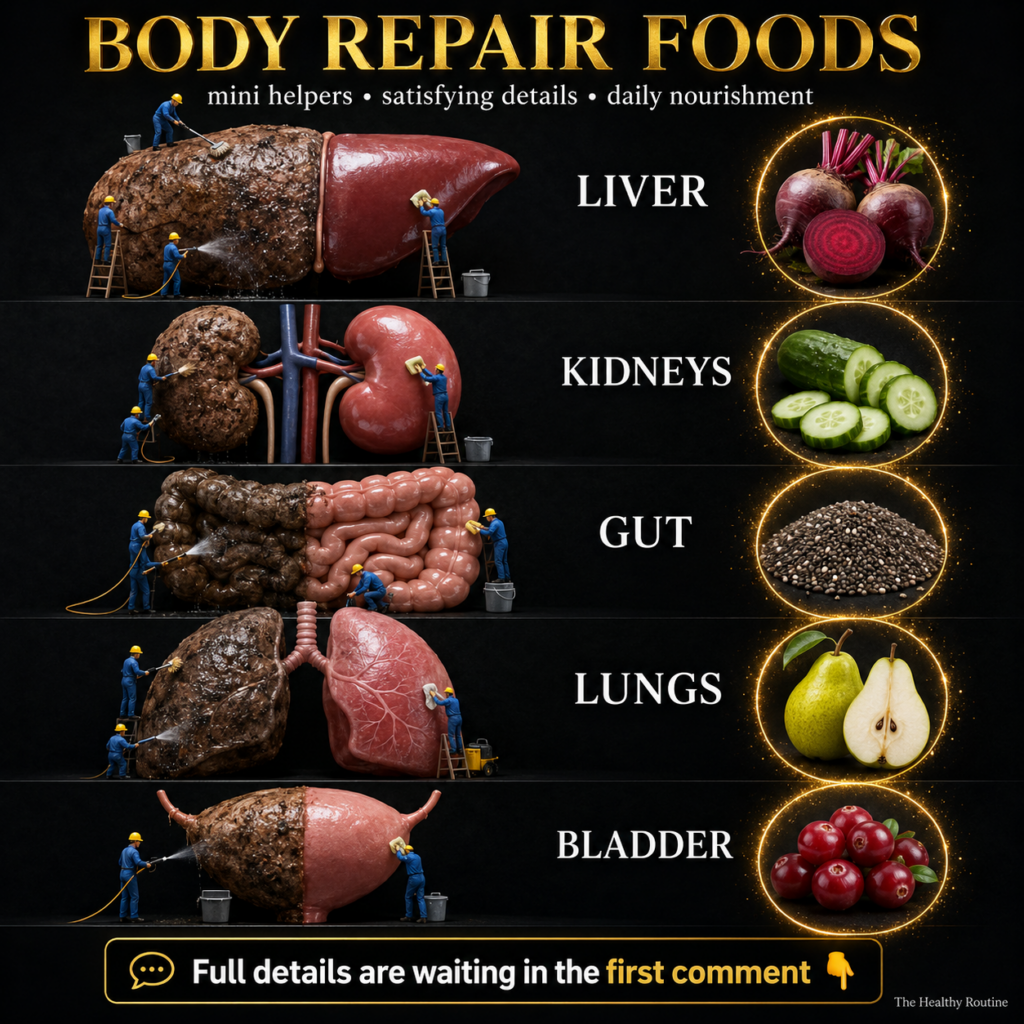 Vibrant infographic showing five human organs liver kidneys gut lungs bladder in a before and after state with tiny repa
