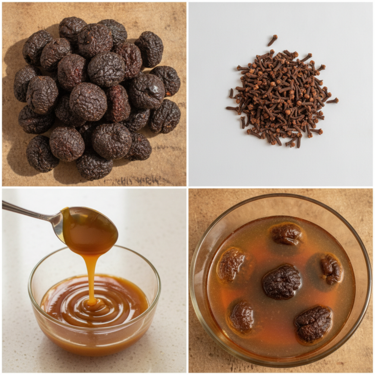 A four-panel grid showing Gorontula fruits dried cloves a golden liquid being poured and Gorontula fruits soaking in amb
