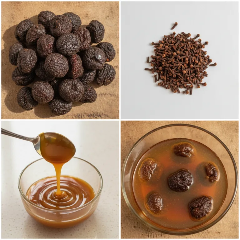 A four-panel grid showing Gorontula fruits dried cloves a golden liquid being poured and Gorontula fruits soaking in amb