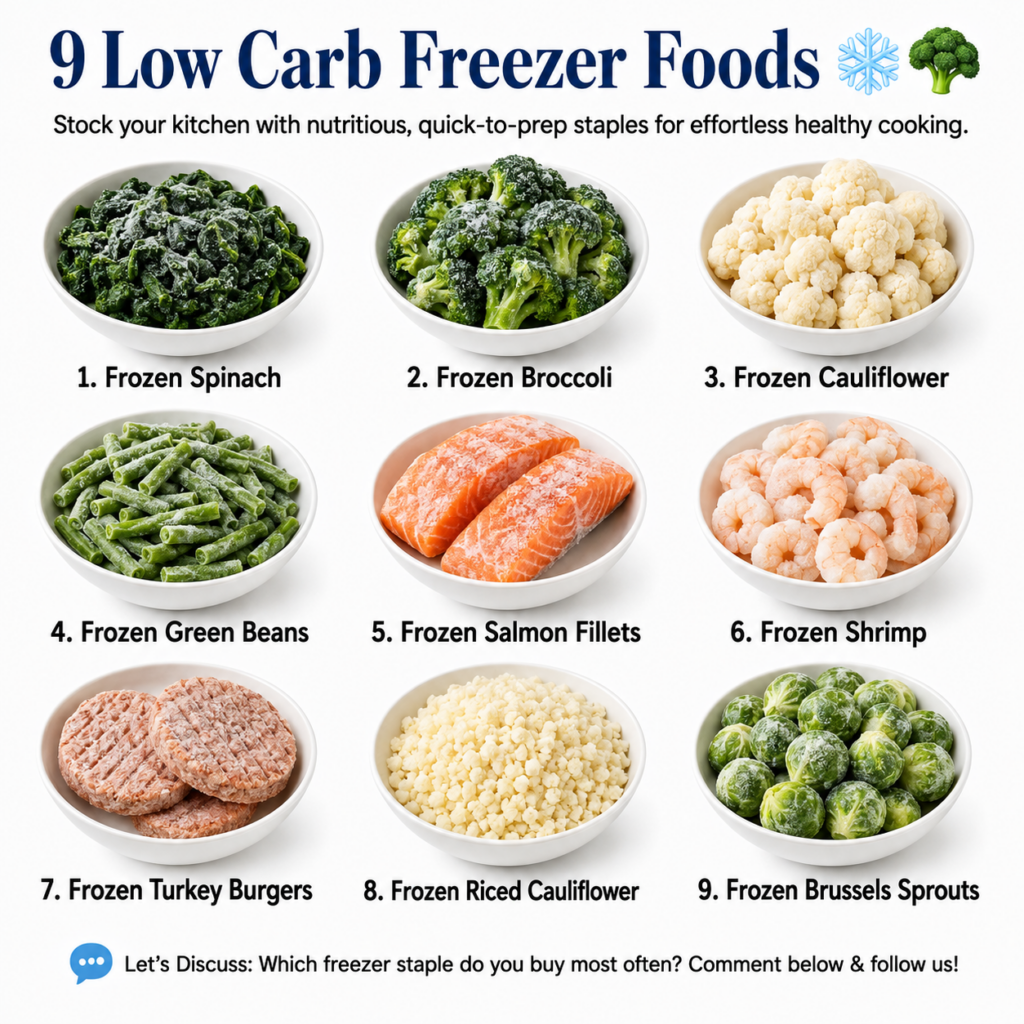 A visual grid showcasing nine different low-carb frozen food items in white bowls each clearly labeled and numbered agai
