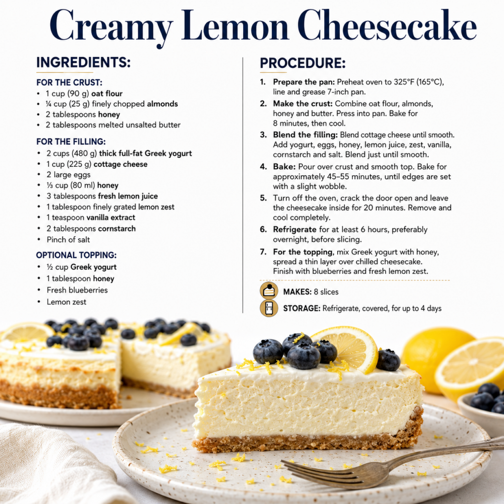 A beautifully plated slice of creamy lemon cheesecake garnished with fresh blueberries and lemon zest with the rest of t