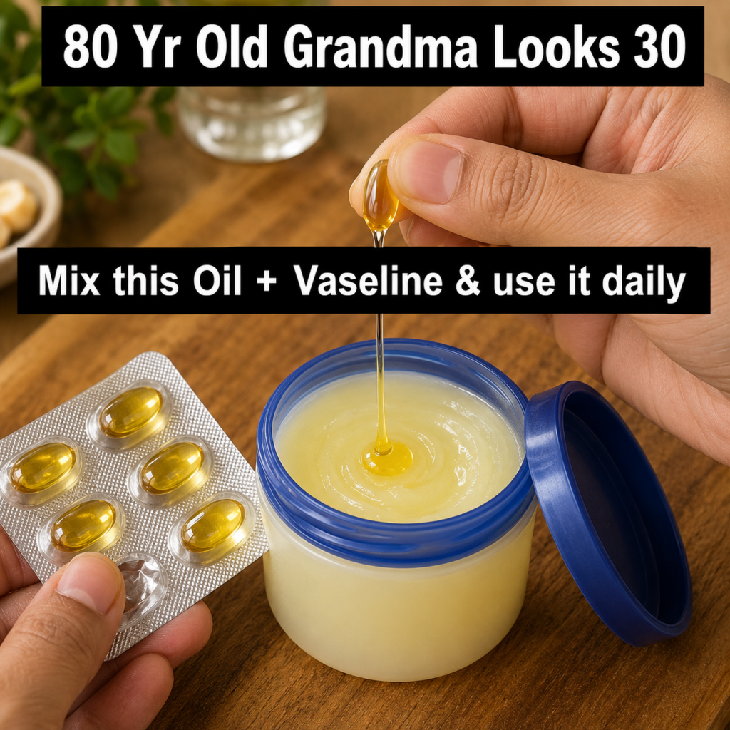 Hands squeezing a golden vitamin E capsule into a small jar of petroleum jelly on a rustic wooden surface