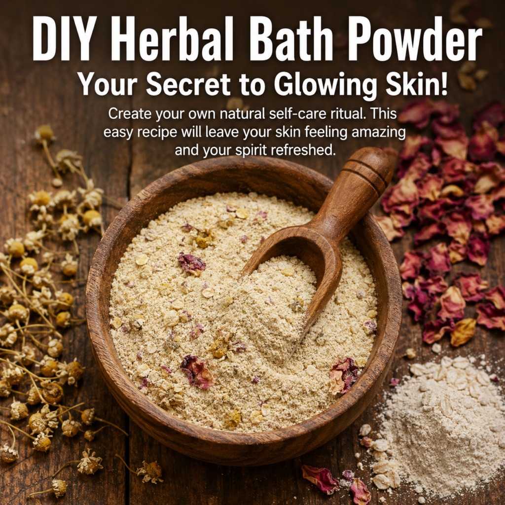 A top-down view of a dark wooden bowl filled with light beige herbal bath powder mixed with dried yellow chamomile flowe
