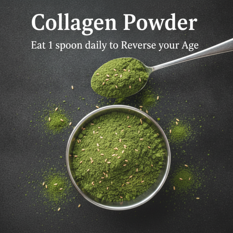 A top-down flat-lay image of vibrant green collagen-boosting powder in a small metallic bowl and on a silver spoon garni